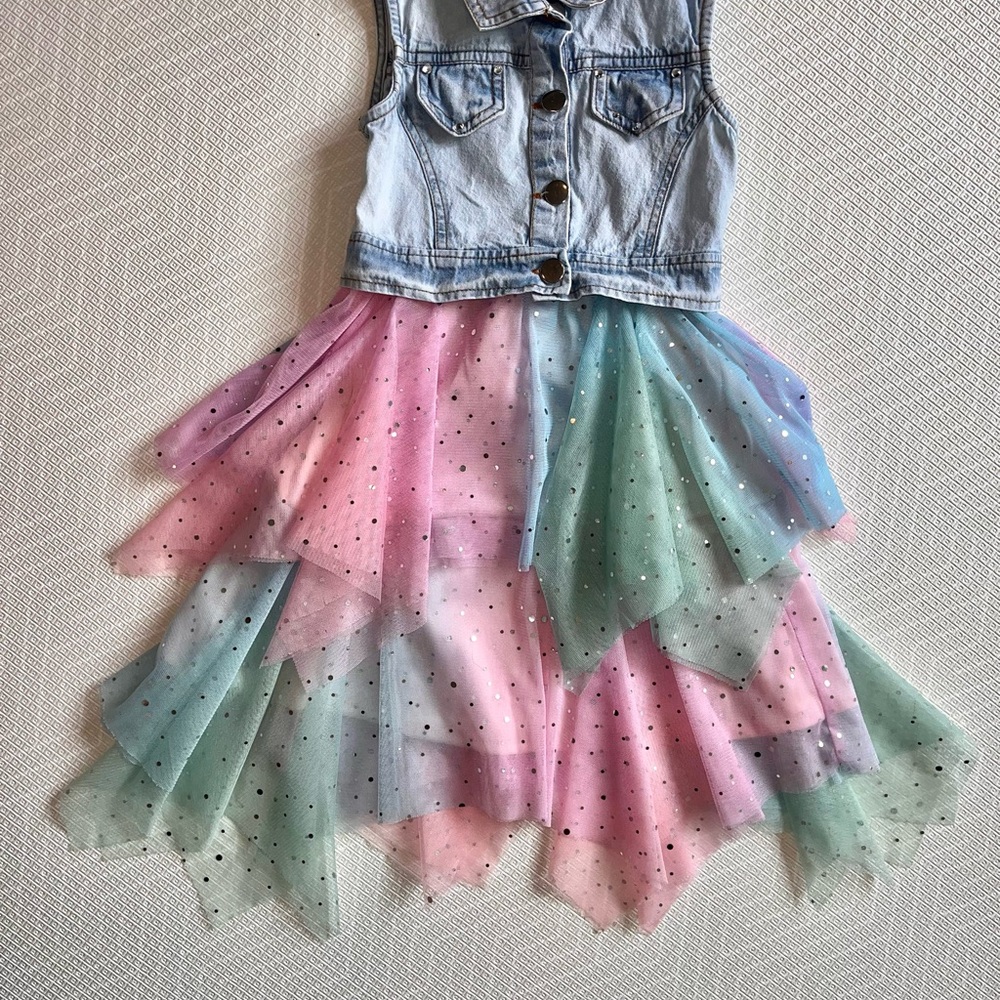 Sleeveless dress with denim top and sparkly tulle rainbow skirt